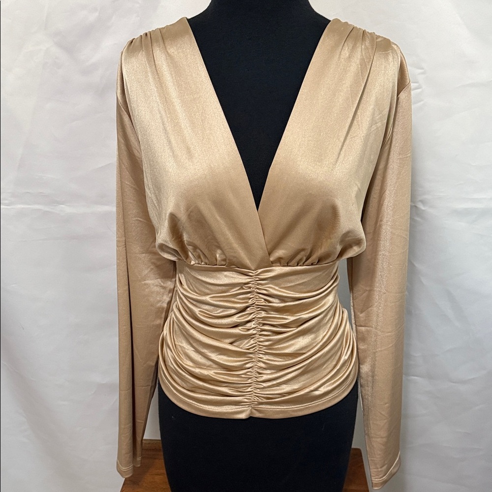 Gold Ruched Deep V-Neck Blouse